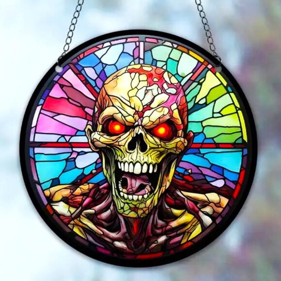 Skull Suncatcher Halloween 6" Scary Spooky Horror Hanging Skeleton In/Outdoor - Picture 2 of 4